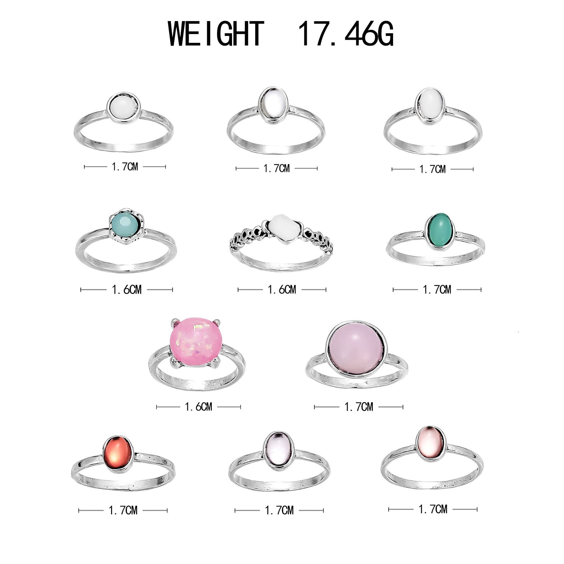 Wholesale Fashionable colorful candy-colored gemstone 11-piece ring set